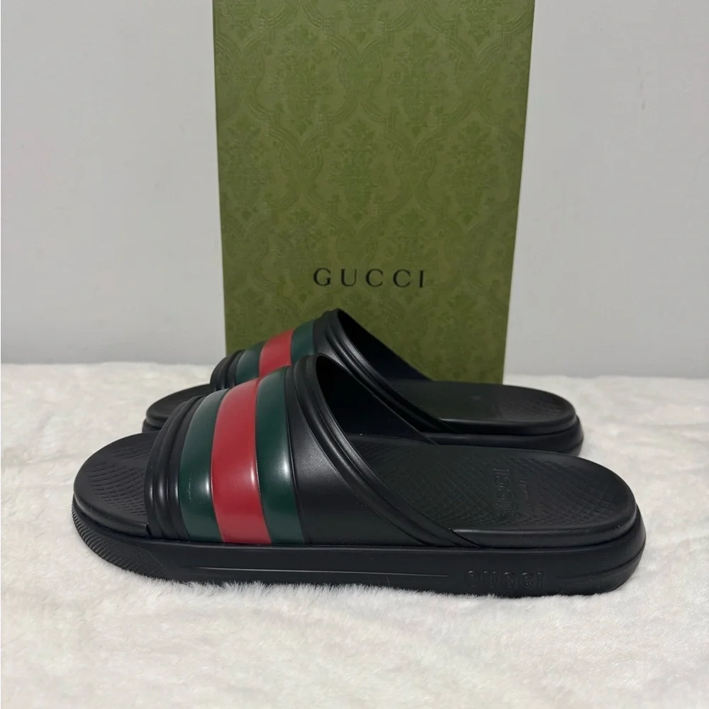 Gucci Black Slides with Red and Green Accents